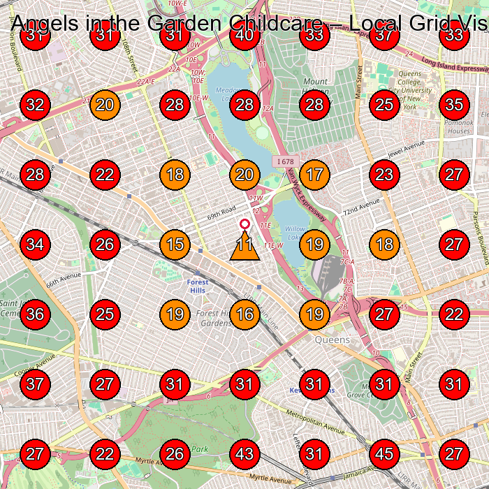 Angels in the Garden Childcare GeoGrid visibility map for Day Care Center in Forest Hills